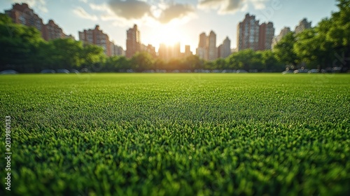 Golden sunlight bathes a lush green lawn as city buildings rise majestically nearby