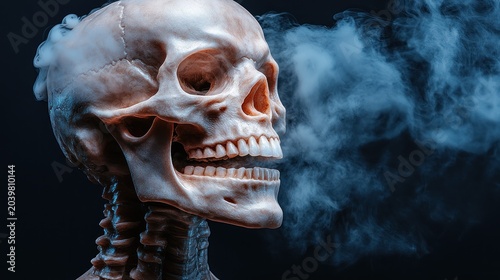 A unique skeleton breathes out smoke creating an eerie yet captivating atmosphere