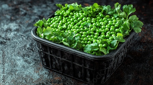 A basket filled with bright green peas and lush cilantro sits on a dark textured surface