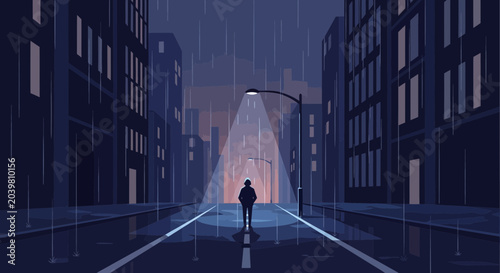 Obraz na płótnie Lone figure walking down rainy city street under lamppost, urban solitude, dark
