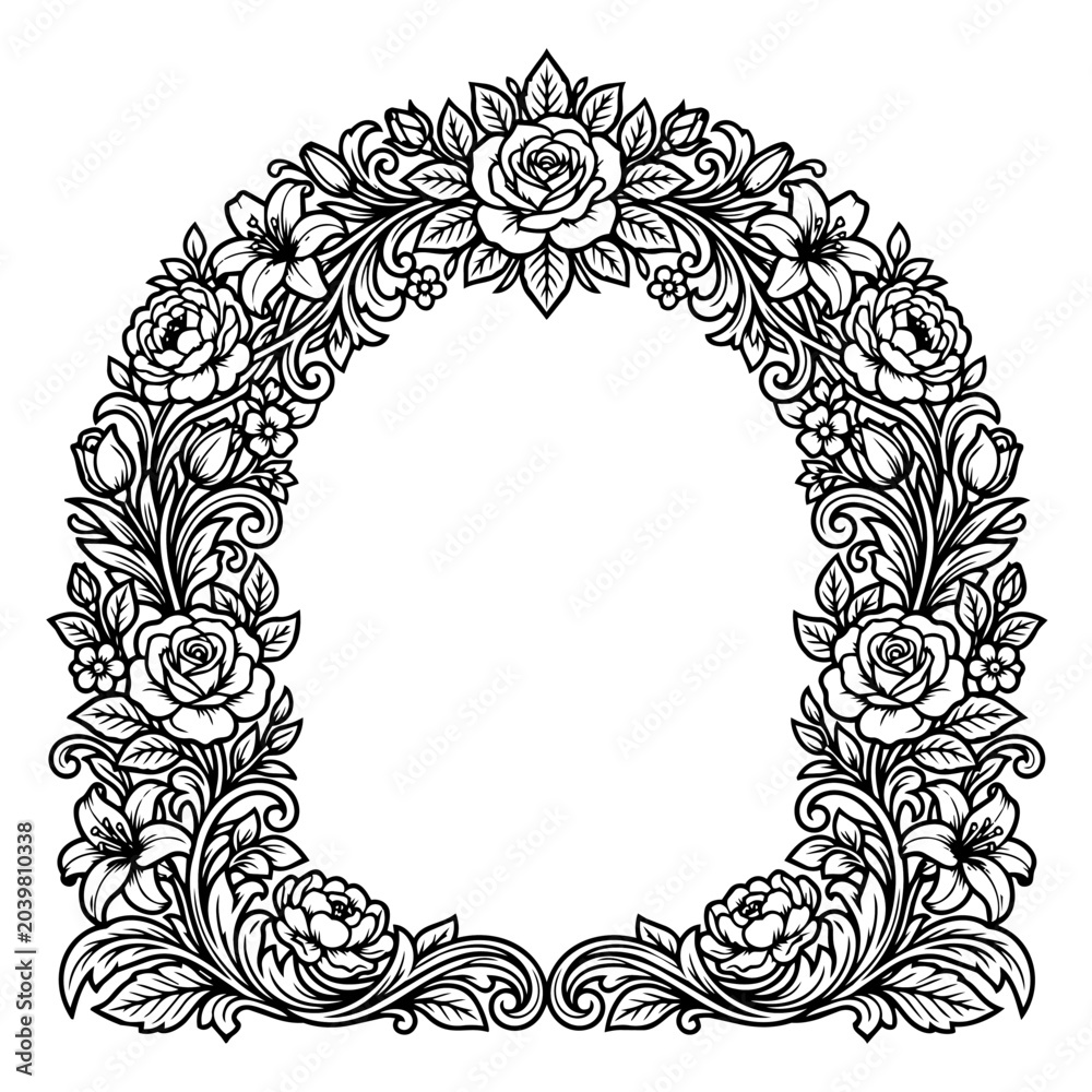 Obraz premium Elegant ornate floral arch frame with roses and lilies.