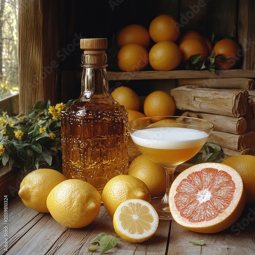 Citrus fruits and a sparkling drink create a vibrant atmosphere in a sunlit kitchen