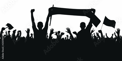 Photos Crowd Silhouette With Raised Arms And Flags Against White Background