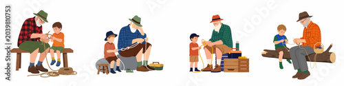 Tableau sur toile Illustration of a grandfather teaching his grandson how to tie knots with a rope in various outdoor scenes, showing generational skill sharing