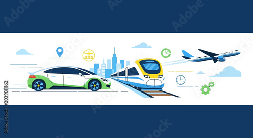 Фотография Modern transportation concept: car, train, airplane, city skyline, future mobili