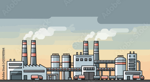 Billede på lærred Industrial factory with smoking chimneys and trucks, flat illustration