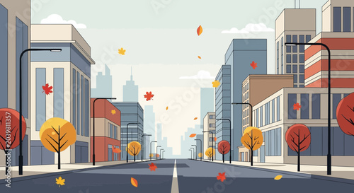 Foto Autumn cityscape with falling leaves and trees lining a street with modern build