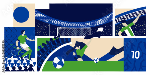 Fotografie Soccer Match Illustration Collage With Players And Stadium Details