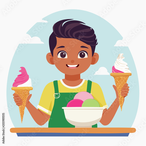 Boy Holding Ice Cream Cones and Bowl