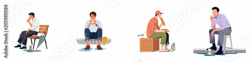 Schilderij op canvas Set of illustrations of men eating lunch while soaking wet, capturing bad days, bad luck, and unfortunate moments in a flat style