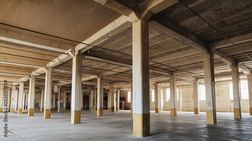 Naklejka premium Spacious industrial warehouse interior featuring structural columns, concrete flooring, and natural light. Suitable for logistics, storage, manufacturing, redevelopment, and commercial property concep