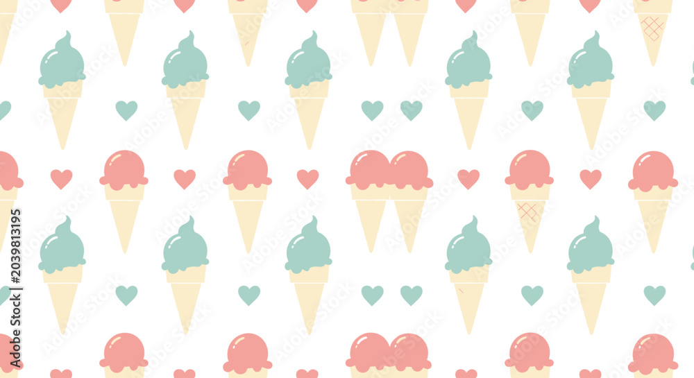 Fototapeta premium Sweet seamless pattern of mint green and pink ice cream cones and tiny colorful hearts scattered on a clean white background for summer decor.