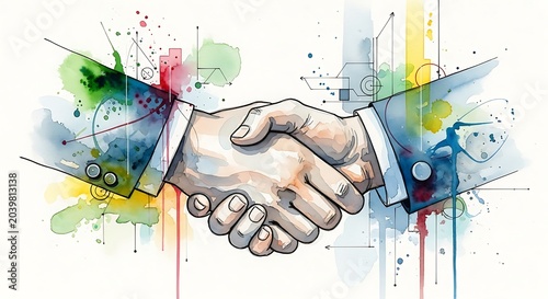 Colorful Illustrated Business Handshake with Abstract Watercolor Elements on White Background