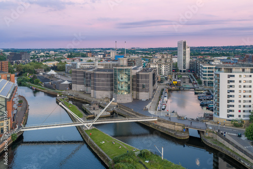 Obraz na plátne Leeds Dock in Leeds, West Yorkshire, England, aerial view of the regenerated waterfront, marina, modern apartments and canal side development