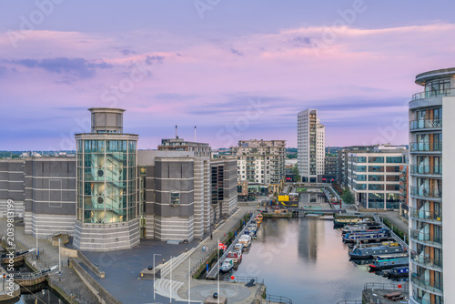 Valokuva Leeds Dock in Leeds, West Yorkshire, England, aerial view of the regenerated waterfront, marina, modern apartments and canal side development