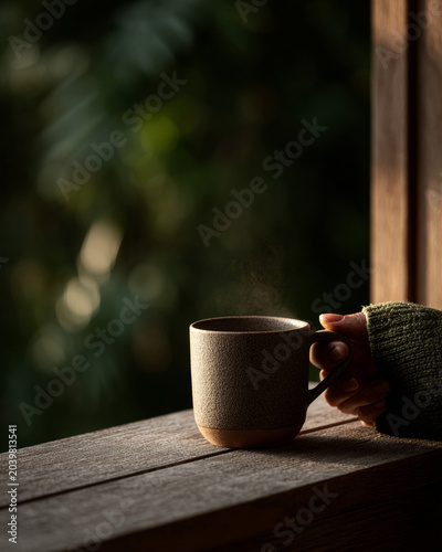 Close up of a hand holding a steaming ceramic mug on a wooden windowsill overlooking green foliage