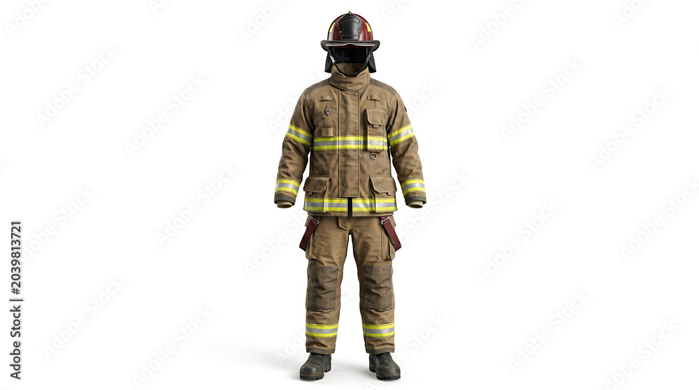 Fototapeta premium Isolated professional firefighting protective suit, complete with helmet, jacket, and trousers, prepared for emergency response and crucial fire safety operations on a white background
