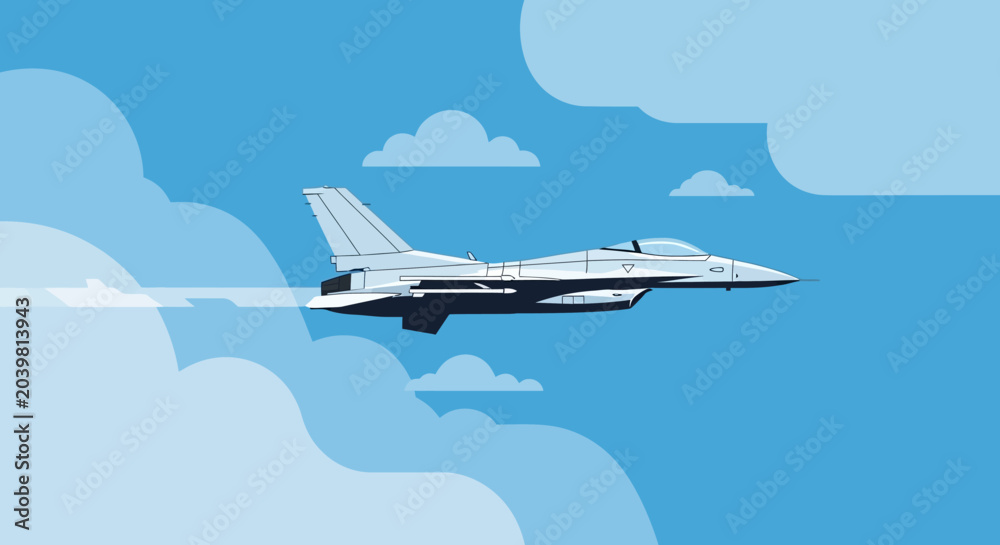 Naklejka premium Military Fighter Aircraft Flying in Sky Flat Vector Illustration