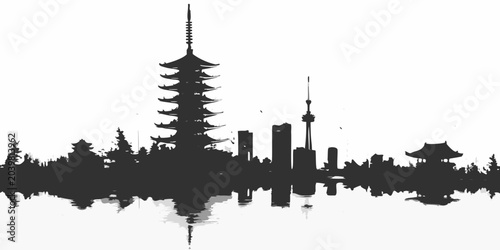 Slika na platnu City Skyline Silhouette With Pagoda And Modern Buildings Black On White