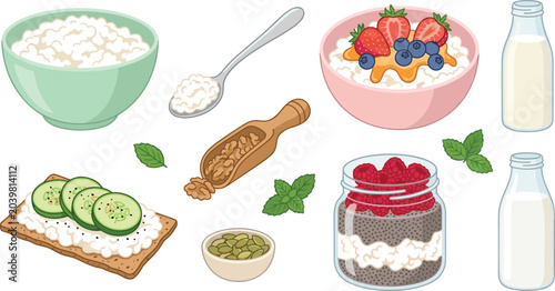 Schilderij op canvas Cottage Cheese and Healthy Snack Vector Illustration Featuring Yogurt, Milk, See
