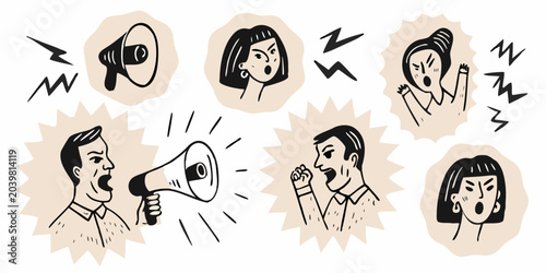 Bild auf Leinwand Megaphone With Expressive Faces And Sound Waves Vector Illustration