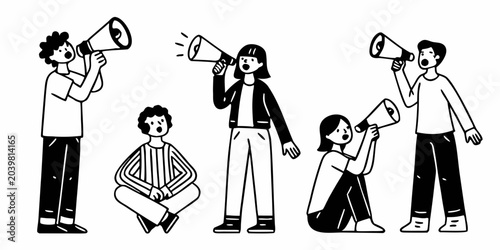 People With Megaphones Minimalist Line Art Illustration Set