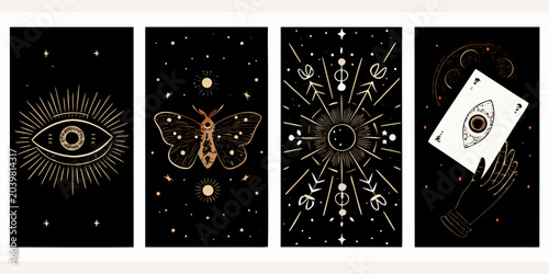 Fotografia Tarot Card Set Of Four Vector Illustration With Celestial And Mystical Motifs