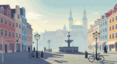 Canvastavla Pixel Art City Square with Fountain and Historic Buildings