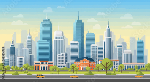 Vibrant cityscape with modern skyscrapers, trees, and cars on road during daytime.