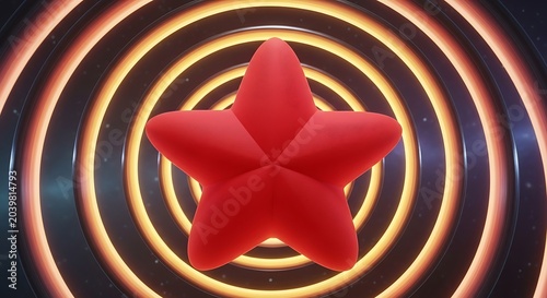 Soft Red Star Floating Before Glowing Concentric Rings in Futuristic Dark Space