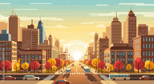 Fotografía Pixel Art Cityscape with Autumn Trees and Sunset Over Buildings