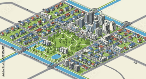 Isometric Cityscape with Residential Neighborhood, Park, and Downtown Skyscrapers