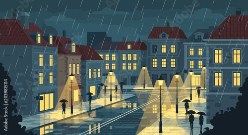 Schilderij op canvas Rainy City Street at Night, People with Umbrellas, Illuminated Buildings, Reflec