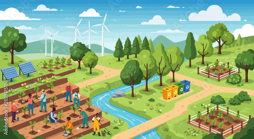 Bild auf Leinwand Sustainable farming community, renewable energy, organic agriculture, people pla