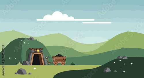 Tableau sur toile Cartoon illustration of a coal mine entrance with a mine cart full of coal in a hilly landscape