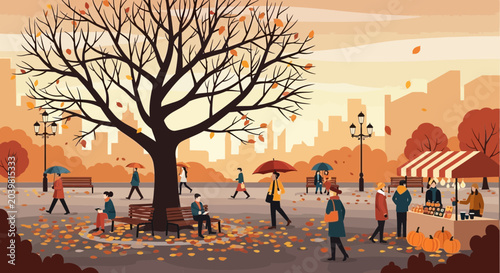 Konstfotografi Autumn park scene with people, falling leaves, trees, and city skyline