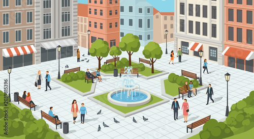 Fotografie City Square with Fountain and People Relaxing on Benches
