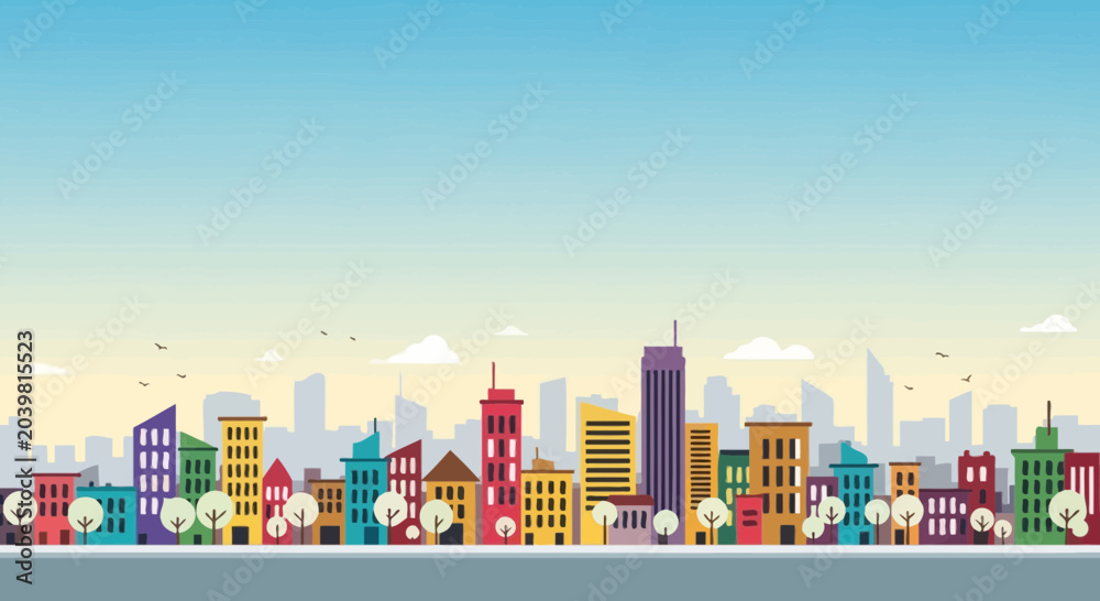 Obraz premium Colorful cartoon cityscape with modern buildings and trees under a blue sky