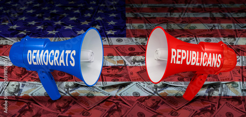 Democrats vs Republicans megaphones loudspeakers on USA flag and dollar bills. US elections, political division, campaign finance, debate, competition and power struggle concept.