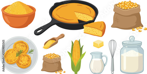 Foto Cornbread and Ingredient Vector Illustration Featuring Skillet, Patties, Cornmea