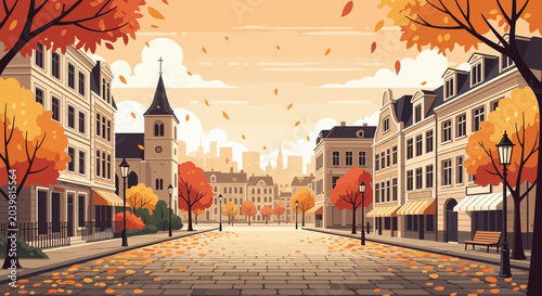 Tablou pe pânză Autumnal City Street Scene with Falling Leaves and European Architecture