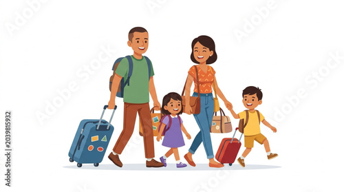 Happy family with luggage going on vacation together.
