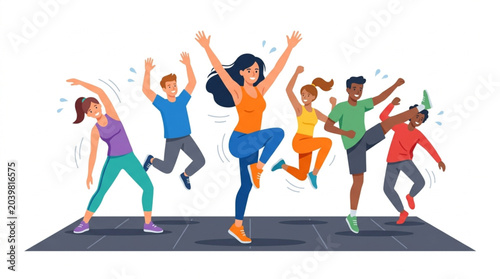 Diverse group of people enjoying a lively dance fitness class together.
