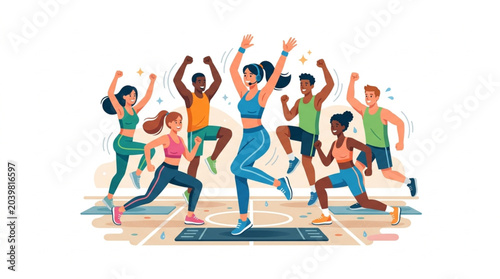 Diverse group of people enjoying a lively fitness class together.
