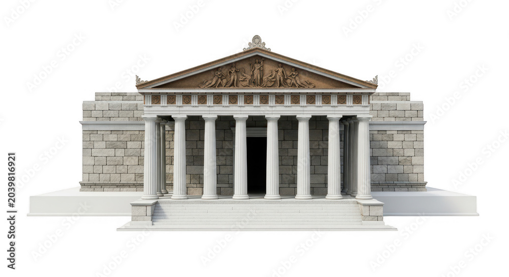 Obraz premium Ancient greek temple building with tall stone columns and triangular roof facade architecture isolated on transparent background