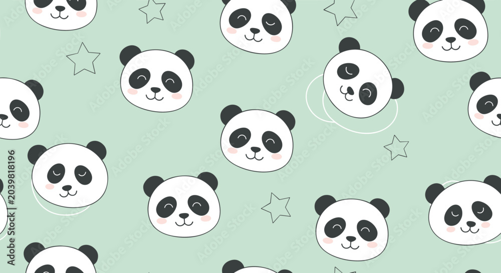 Naklejka premium Cute seamless pattern featuring smiling panda faces and simple line stars on a light green background for nursery decor.