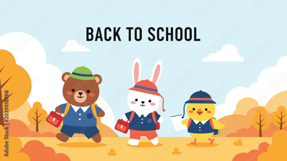 Fototapeta premium Adorable bear, rabbit, and chick characters wearing uniforms and carrying backpacks for a back to school theme.