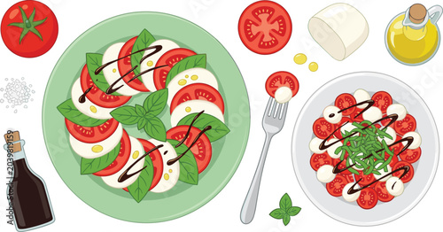 Bild auf Leinwand Caprese Salad and Mediterranean Ingredient Vector Illustration Featuring Tomato,