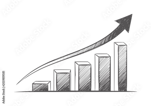 Hand drawn bar chart with upward trending arrow graph