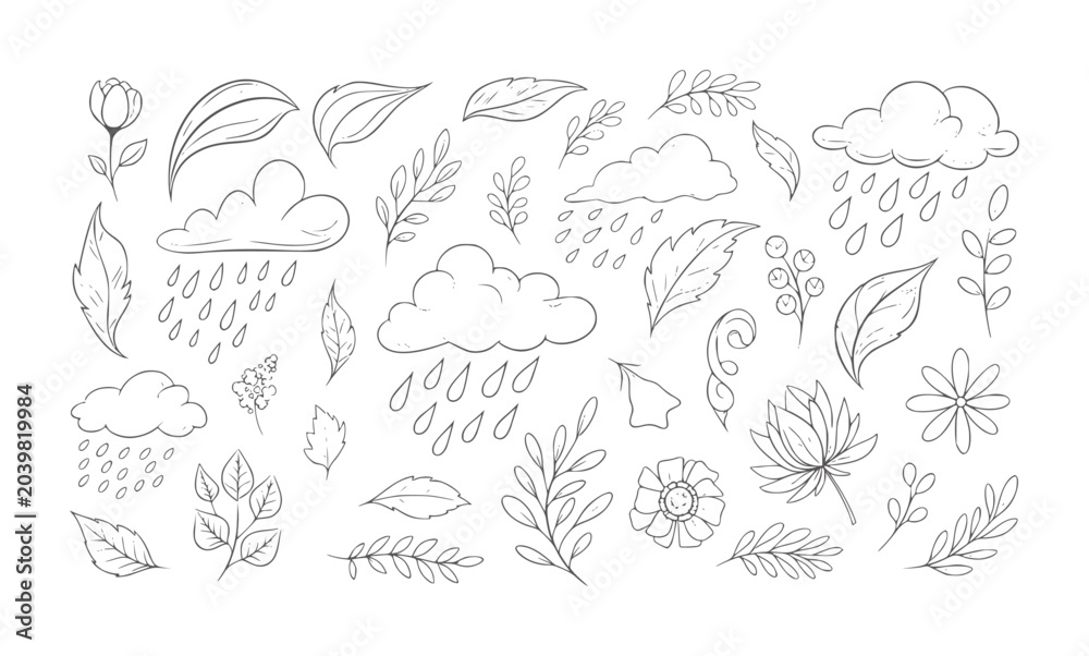 Obraz premium Hand drawn doodle of rain clouds leaves and flowers leaf branch